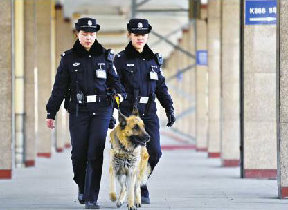 呂聰聰和張靖蘭在警犬的配合下查危巡查